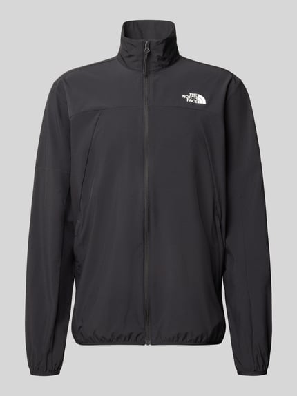 Produktfoto, schwarze Regular Fit Jacke mit Stehkragen Modell 'Mountain' von The North Face aus Elastischer-Material-Mix, Logo-Print, Reißverschluss, Eingrifftaschen, elastische Abschlüsse, glatte Struktur, für Herren