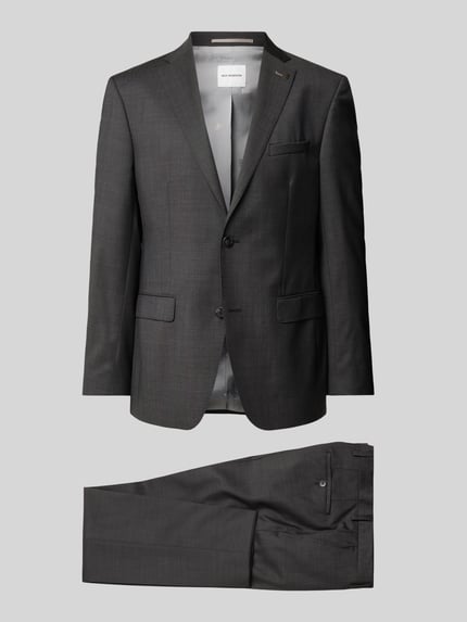 Produktfoto, Regular Fit Anzug aus Schurwolle mit 2-Knopf-Sakko von Roy Robson in dunklem Grau, feine Webstruktur, Reverskragen, Pattentaschen, Anzughose mit Bügelfalten, Paspeltaschen am Gesäß, Bundweite 46 cm, Rückenlänge 76 cm, Schulterbreite 46 cm, Ärmellänge 66 cm, Innenbeinlänge 83 cm.