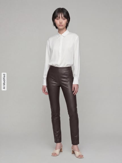 Frauenmodel trägt Wide Leg Kunstlederhose aus Viskose-Mix Modell 'MACY' von Raffaello Rossi in Dunkelbraun, glatte Textur, Ganzkörperansicht von vorne, Damen Leder- / Kunstlederhose von Raffaello Rossi, KI-modifiziertes Bild.