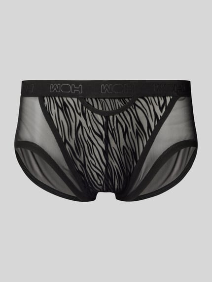 Produktfoto, Briefs met cut out model 'Personal Allure' van WOH, semitransparant stretch-materiaal, nauwsluitende fit, zwart met patroon