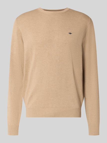 Produktfoto, Gebreide pullover met ribboorden van puur katoen in beige, regular fit, ronde hals, labelstitching, Fynch-Hatton, heren