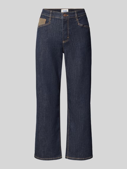 Produktfoto, Barrel Jeans aus Baumwoll-Mix Modell 'Liv' von TONI, dunkelblau mit Kontrastnähten, glatte Textur, Damen Barrel Jeans von TONI
