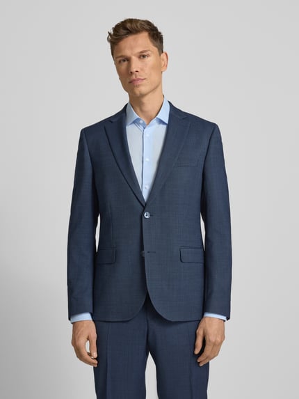 Männermodel trägt 2-Knopf-Sakko mit Reverskragen von bugatti in Blau, Material-Mix mit Schurwoll-Anteil, Regular Fit, Ganzkörperansicht von vorne.