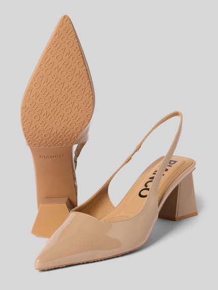 Productfoto, Pumps met blokhak van BIANCO, beige lakleer, spitse neus, elastische band, hakhoogte 6 cm maat 40, damesmodel