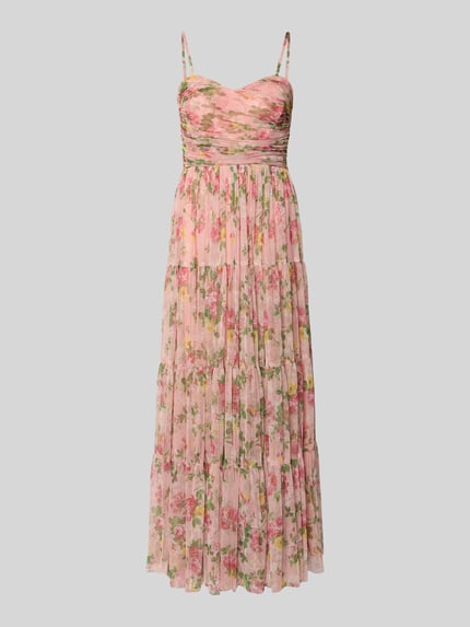Produktfoto, Midikleid mit floralem Allover-Print von LACE & BEADS in Rosa mit Raffungen, Spaghettiträgern, taillierte Passform, blickdichter Unterrock