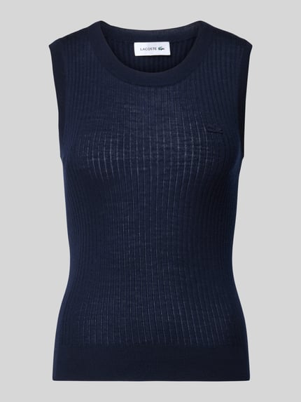Produktfoto, Slim Fit Pullunder aus reiner Wolle von Lacoste in donkerblauw met tricotlook, streepstructuur, logodetail, ronde hals, riblook, materiaalverwerking ribtricot, dames