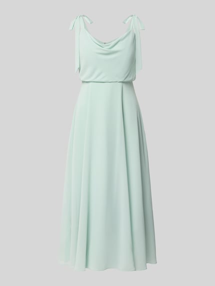 Produktfoto, Knielangens Cocktailkleid mit Zierschleifen von Jake*s Cocktail in Mint, blickdichter Unterrock, Taillierte Passform, Ärmelloses-Design, Zierschleifen-Applikation, Knielänge, glatte fließende Struktur, Brustweite 33 cm bei Größe 36, Rückenlänge 97 cm