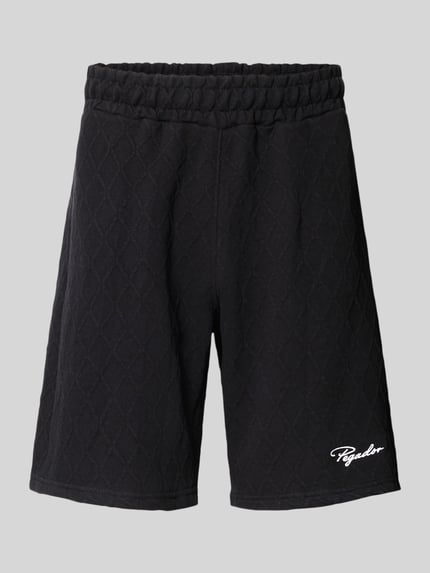 Produktfoto, Herren Shorts von Pegador, Shorts mit Logo-Stitching Modell 'Jovren', Schwarz mit Rautenstruktur, Material-Mix, Loose-Fit, elastischer Bund, französische Eingrifftaschen, Bundweite 38 cm, Innenbeinlänge 24 cm.