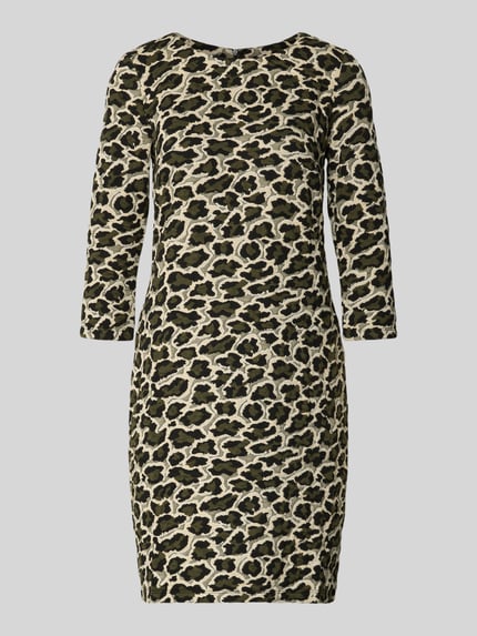 Produktfoto, Minikleid mit Animal-Print von MONTEGO, schwarzer und beigefarbener Jacquard, Material-Mix mit Viskose-Anteil, Gerader-Schnitt, U-Boot-Ausschnitt, 3/4-Arm, rückseitiger Reißverschluss, Rückenlänge 86 cm, Brustweite 45 cm, Ärmellänge 45 cm.