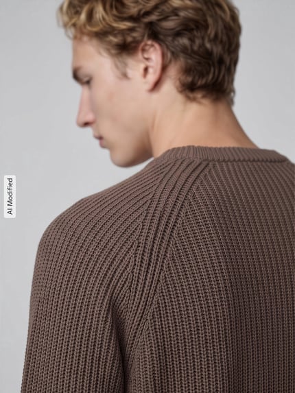 Männermodel trägt Regular Fit Pullover aus reiner Baumwolle Modell 'BRAUN' von Selected in grober Strickoptik, Nahaufnahme Oberkörper, KI-modifiziertes Bild.