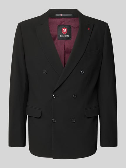 Produktfoto, Slim Fit Sakko mit Pattentaschen Modell 'Gringo' von CG – CLUB of GENTS, schwarzer Material-Mix mit Woll-Anteil, Zweireiher, Reverskragen, bordeauxfarbenes Innenfutter, glatte Textur und klare Linien, geeignet für moderne Herrenmode.