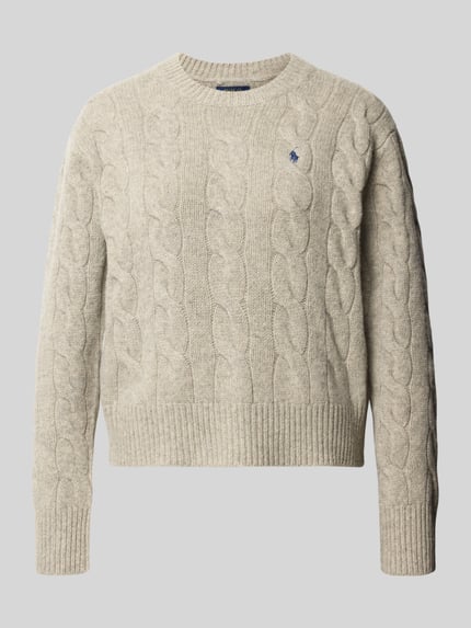 Produktfoto, Pullover aus Woll-Kaschmir-Mix von POLO RALPH LAUREN, unifarben beige, Zopfmuster, Rundhals, gerippte Abschlüsse, Logo-Stitching
