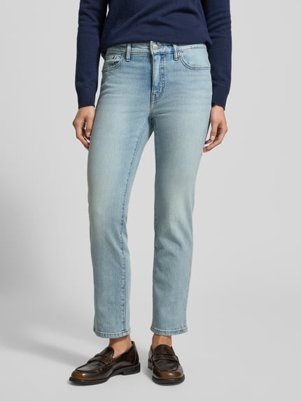 Vrouwenmodel draagt Jeans met 5-Pocket-Design van Lauren Ralph Lauren in lichtblauw, rechte snit, katoen-elastaan, vooraanzicht, detailopname.