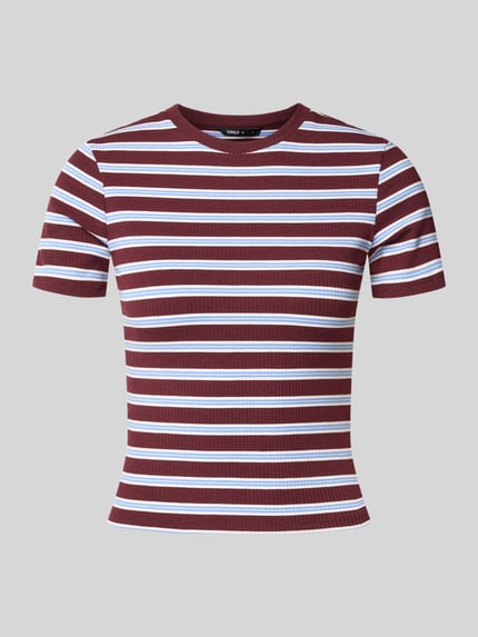 Produktfoto, Slim Fit T-Shirt mit Viskose-Anteil Modell 'JUNE' von ONLY, rot-weiß gestreift, gerippte Struktur, Damen T-Shirt von ONLY
