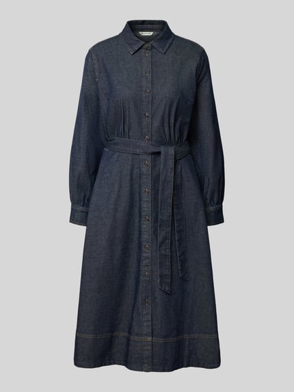 Produktfoto, dunkelblaues Loose Fit Freizeitkleid aus Baumwoll-Mix von Tom Tailor, feine Knopfleiste und Taillengürtel, glatte Textur