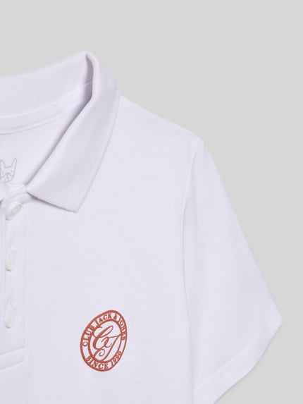 Produktfoto, weißes Regular Fit Poloshirt mit Label-Print Modell 'ALLIANCE' von Jack & Jones aus reiner Baumwolle, Knopfleiste, glatte Textur