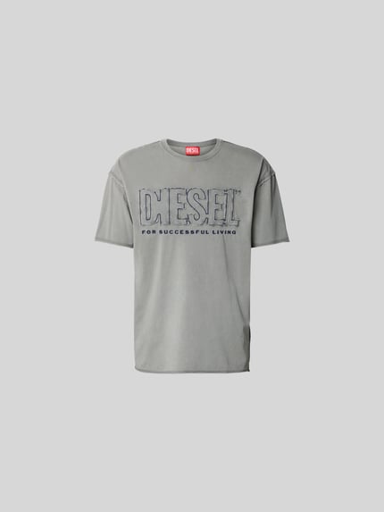 Produktfoto, Regular Fit T-Shirt mit Logo-Detail von Diesel in Grau aus reiner Baumwolle mit Rundhalsausschnitt und Kurzärmeligem Design, Rückenlänge 76 cm bei Größe M.