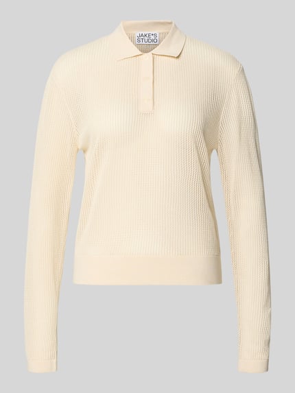 Productfoto, Strickpullover mit Polokragen und Knopfleiste van JAKE*S STUDIO WOMAN, regular fit, linnenmix, crèmewit, fijne structuur