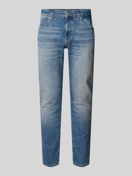 Produktfoto, Slim Fit Jeans aus Baumwoll-Mix Modell 'AUSTIN' von Tommy Jeans in mittlerer Denim-Optik mit 5-Pocket-Design und Label-Patch.