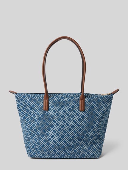Productfoto, Shopper uit pure katoen van Tommy Hilfiger in denimlook met logopatroon, metalen logo-applicatie, rits en handvatten