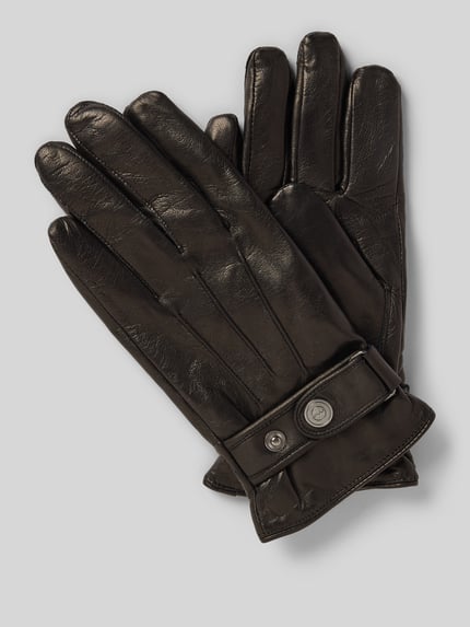 Produktfoto, Fingerhandschuhe aus Schafsleder mit Riegel von EEM in Schwarz, glatte Oberfläche, Druckknopfverschluss, Fleecefutter, rechteckige Form