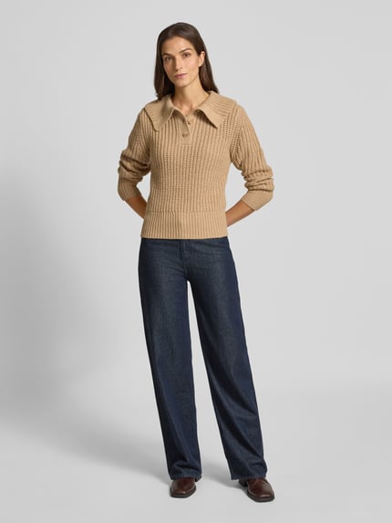 OPUS Sweter z dzianiny z prążkowanymi wykończeniami model ‘Proyer’ Camel 1
