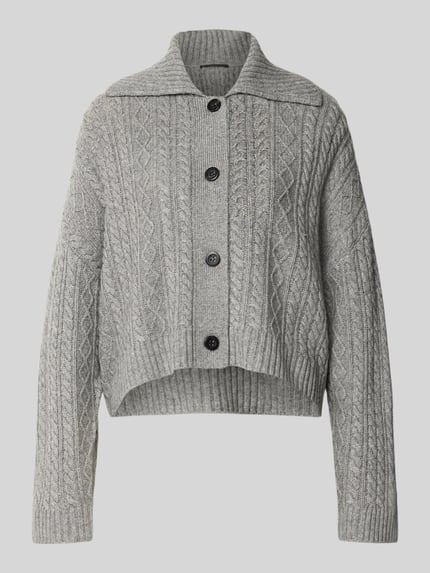 Produktfoto, Strickjacke aus Woll-Yak-Mix mit Zopfmuster von windsor, grau, lockerer Schnitt, Umlegekragen, Knopfleiste, Strukturmuster.