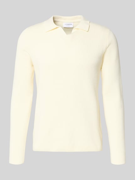 Produktfoto, Relaxed Fit Strickpullover in Ripp-Optik von Lindbergh aus cremefarbenem Baumwoll-Mix mit Polokragen und V-Ausschnitt