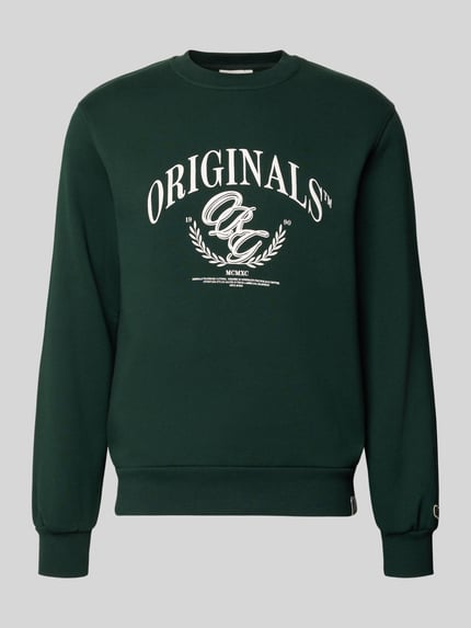 Produktfoto, dunkelgrünes Sweatshirt mit Label-Print Modell 'FREDERIKSBERG' von JACK & JONES, Baumwoll-Mix, Regular Fit, Rundhalsausschnitt