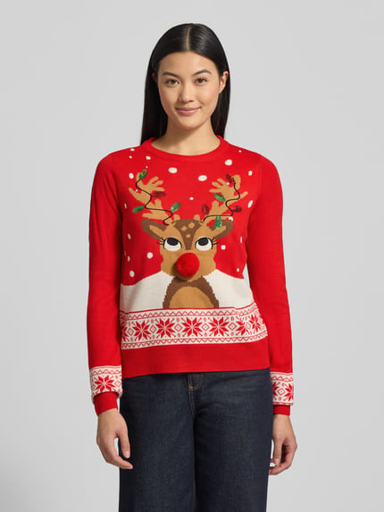 VERO MODA Sweter świąteczny o kroju regular fit z pomponem model ‘FROSTYDEER’ Czerwony 4