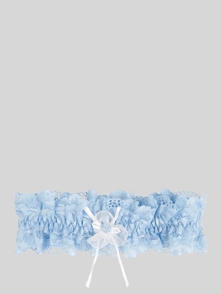 Produktfoto, Strumpfband aus Spitze von LASCANA in Blau mit Kontrastfarbener Tüll-Schleife und farblich passender Rose in Perlenform, Must-have für Braut