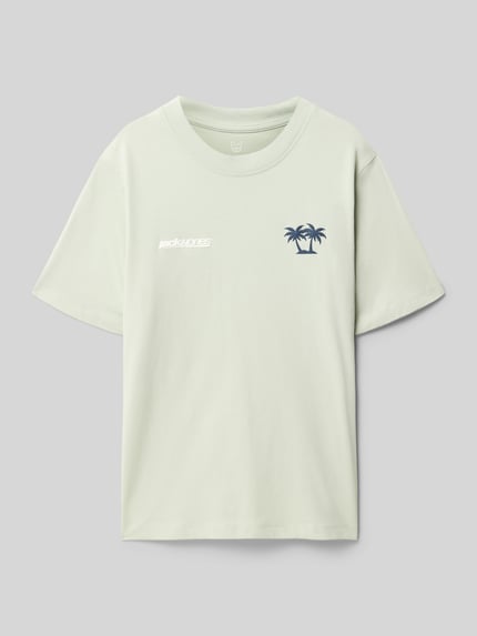 Productfoto, T-Shirt met achterzijde motief-print van Jack & Jones, katoen, regular fit, ronde hals, kleur lichtgroen, kindermaat 140, ruglengte 52 cm