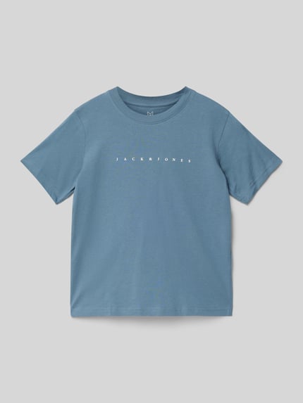 Produktfoto, Regular fit T-shirt met logoprint model 'Estar' van JACK & JONES, puur katoen, ronde hals, ruglengte maat 140: 50 cm, blauw.