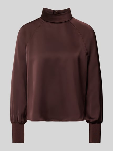 Produktfoto, Relaxed Fit Bluse mit Stehkragen und drukknoopsluiting van zero, dames blouse, omzoomde boorden, ruglengte maat 36: 53 cm, mouwlengte maat 36: 60 cm, effen donkerbruine kleur, zachte glanzende textuur, rechte vormen