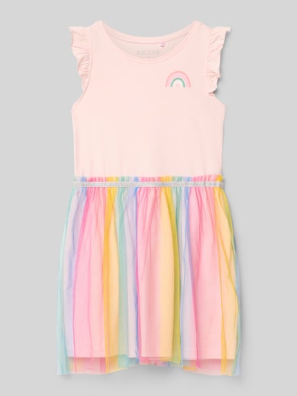 Produktfoto, Regular Fit Kleid mit Motiv-Print von Blue Seven, mieszanka bawełny, nadruk z motywem, okrągły dekolt, krótkie rękawy z falbaną, siateczka, długość tyłu w rozmiarze 116: 61 cm, długość rękawów: 5 cm, wiele kolorów, miękka tekstura, pastelowe odcienie