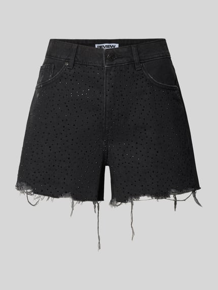 Produktfoto, schwarze Regular Fit Jeansshorts aus reiner Baumwolle von REVIEW mit 5-Pocket-Design, Strasssteinbesatz und Destroyed-Look.