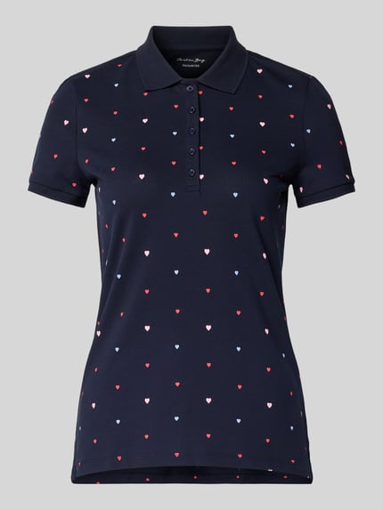 Productfoto, Poloshirt met polokraag en korte knoopsluiting van Christian Berg Woman, katoenmix met stretch, regular fit, donkerblauw met kleine gekleurde hartjes.