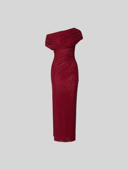 Produktfoto, długa sukienka z obszyciem z ozdobnym kamieni na całej powierzchni, marszczenia, krój slim fit, elastyczna mieszanka materiałów, krój z odkrytymi ramionami, całkowita długość 130 cm, szerokość klatki piersiowej w rozmiarze S: 39 cm, szerokość w talii w rozmiarze S: 30 cm, Maxikleid mit Allover-Ziersteinbesatz od Self-Portrait