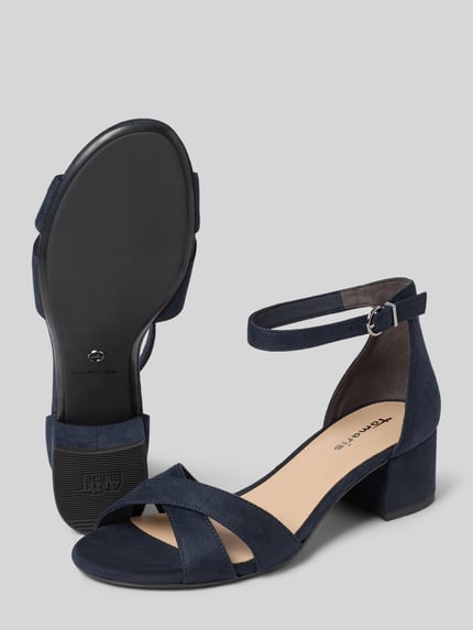 Produktfoto, Sandaletten in velourslook van Tamaris, donkerblauw, blokhak, kruisbanden, dames Sandaletten van Tamaris