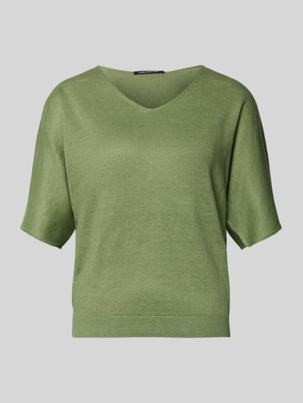 Produktfoto, Relaxed Fit T-Shirt aus reinen Leinen in Strick-Optik von Luisa Cerano, grün, V-Ausschnitt, Halbarm, elastischer Bund, glatte Textur