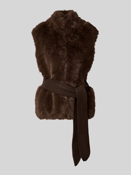 Produktfoto, Weste aus Kunstfell Modell 'Gilet' van Liu Jo White, bruin Imitatiebont, getailleerd met tailleband en opstaande kraag, context: Dames bodywarmer, ruglengte maat 36: 71 cm, schouderbreedte maat 36: 46 cm, borstwijdte maat 36: 63 cm
