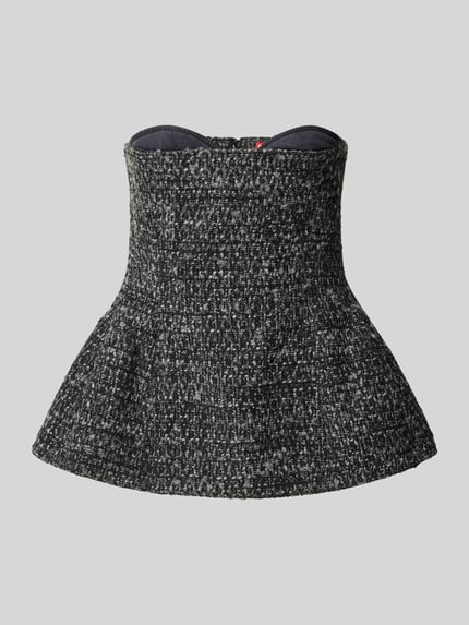 Produktfoto, Corsage in Bouclé-Optik von Diesel aus Material-Mix mit Woll-Anteil, grau-schwarze Struktur, taillierte Passform, ärmel- und schulterlos, sichtbarer rückseitiger Reißverschluss