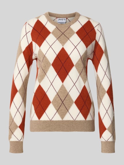 Produktfoto, Regular Fit Pullover aus reinem Kaschmir von Jake*s Casual in Beige, Braun und Weiß mit Rautenmuster und weicher Textur.