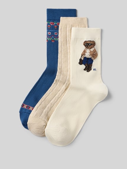 Produktfoto, Socken mit Bärenmotiv im 3er-Pack von POLO RALPH LAUREN, mehrfarbiges Motiv-Print, Logo-Stitching, Strukturmix, Damen Multipack