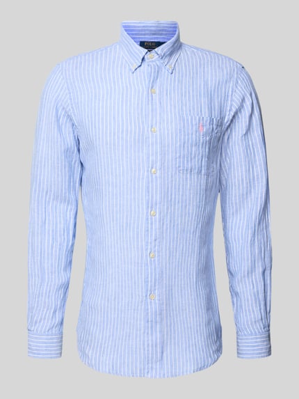Productfoto, Regular Fit Freizeithemd aus reinem Leinen van Polo Ralph Lauren, blauw-wit gestreept, linnen textuur, knoopsluiting, borstzak.