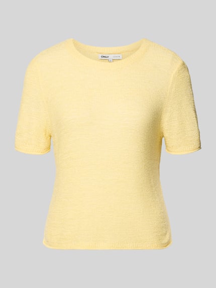 Productfoto, Regular Fit Strickpullover met korte mouwen model 'SUNNY' van Only, effen lichtgeel, ronde hals, gebreide stof, rolzoom, splitjes, dames, context: damestrui, uni, regular fit, korte mouw, rolzoom, geribbeld, gebreid