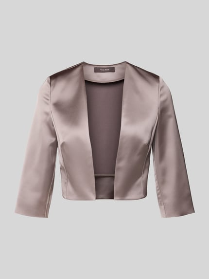 Produktfoto, Kurzblazer mit offener Vorderseite von Vera Mont, Damen Mode, Material-Mix mit Stretch-Anteil, Gerader-Schnitt, 3/4-Arm, Rückenlänge 41 cm bei Größe 36, glatte glänzende Textur in sanftem Taupe-Ton.
