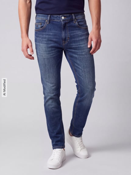 Männermodel trägt Slim Fit Jeans aus Baumwoll-Mix Modell 'Scanton' von Tommy Jeans in Denim-Optik, 5-Pocket, Ganzkörperansicht von vorne, KI-modifiziertes Bild.