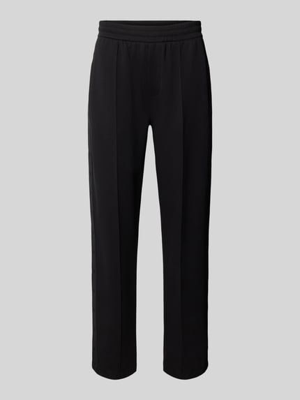 Produktfoto, schwarze Regular Fit Sweathose mit Label-Details von Emporio Armani aus Baumwoll-Mix mit Stretch und elastischem Bund, glatte Oberfläche