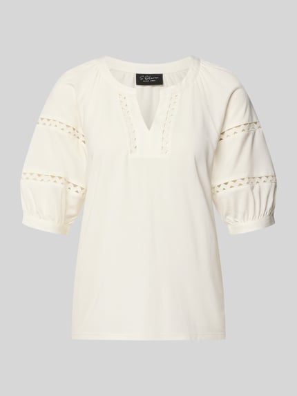 Produktfoto, cremeweißes Relaxed Fit T-Shirt aus Modal-Mix von s.Oliver BLACK LABEL mit Lochmuster-Details, Damen T-Shirt
